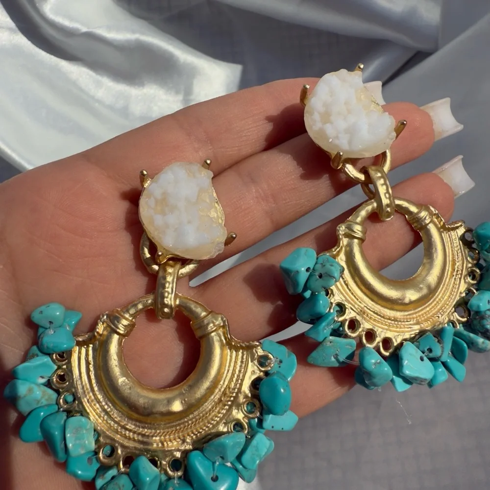 NEW Summer 
Anthropologie Turquoise Beaded Druzy Hoop Earrings - Picture 6 of 7